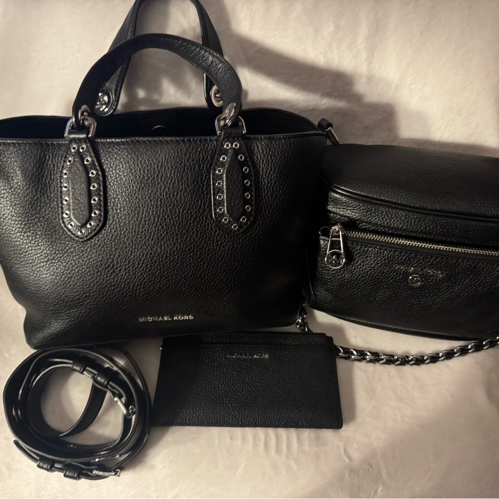 Michael Kors Small Brooklyn Satchel-Black Leather with Silver Hardware-Bundle